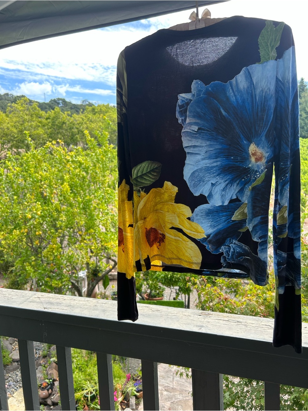 Alice + Olivia Black Floral Long-Sleeve Top with Blue, Red & Yellow Blooms - Picture 2 of 6